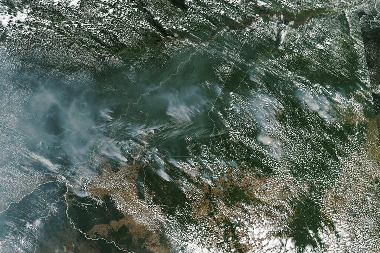 This satellite image provided by NASA on Aug. 13, 2019 shows several fires burning in the Brazilian Amazon forest. Brazil's National Institute for Space Research, a federal agency monitoring deforestation and wildfires, said the country has seen a record number of wildfires this year, counting 74,155 as of Tuesday, Aug. 20, an 84 percent increase compared to the same period last year.
