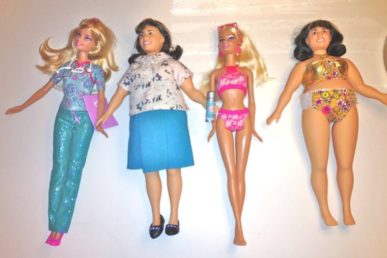 Barbies and the Tracy Turnblad doll from "Hairspray: The Musical." A new study indicates that girls who played with a full-figured doll were more satisfied with their own bodies afterward.