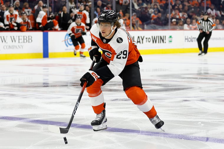 Flyers right wing Nikita Grebenkin was one player who looked to provide energy on Monday.