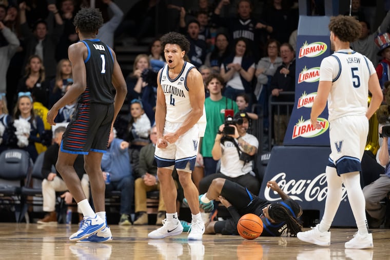 Villanova's Tyler Perkins reacts after a foul call against DePaul.
