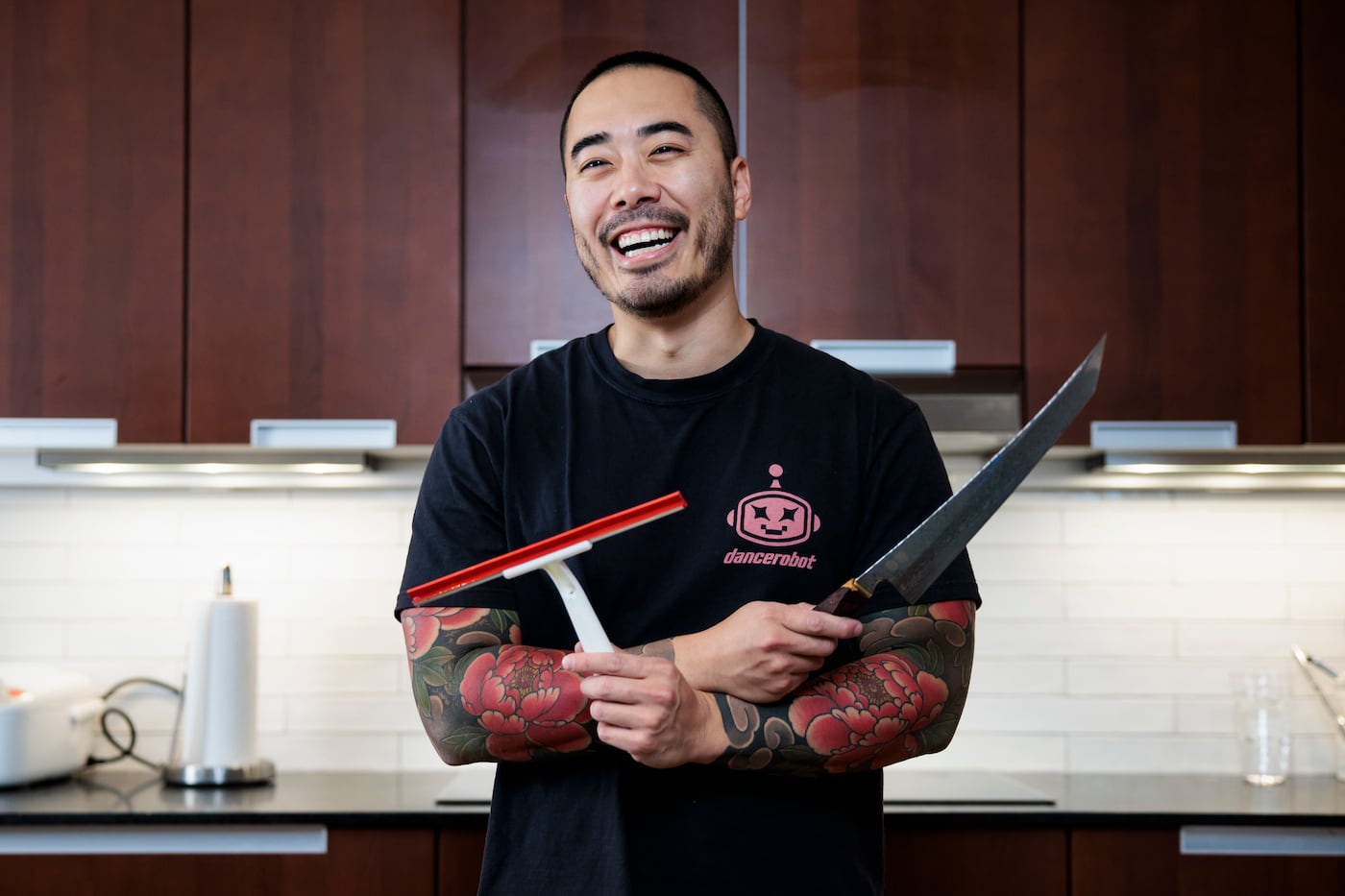 A mix of high and low: Ito has expensive, hand-crafted knives, but he also loves his cheap squeegee for everyday kitchen tasks.