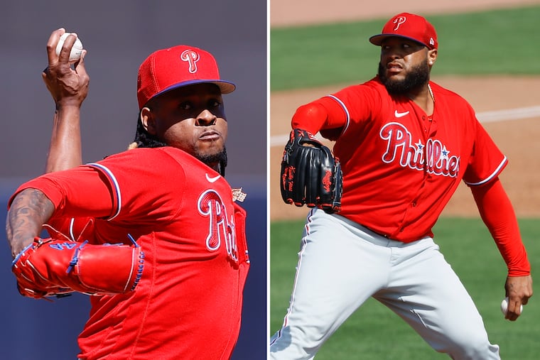 Phillies pitchers Gregory Soto (left) and Jose Alvarado (right).