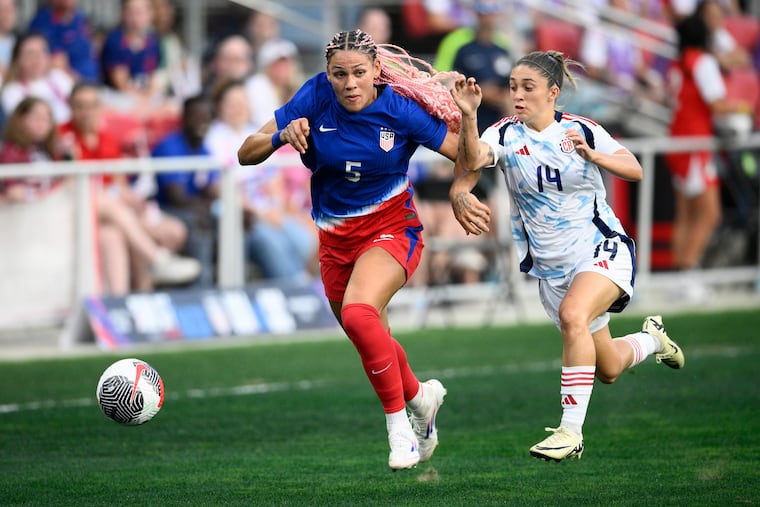 Trinity Rodman, left, and the U.S. women's soccer team kick off their Olympics campaign on Thursday.