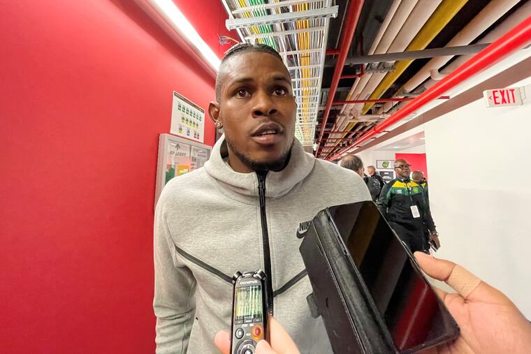 Union goalkeeper Andre Blake talks with reporters after playing for Jamaica against Lionel Messi's Argentina at Red Bull Arena.
