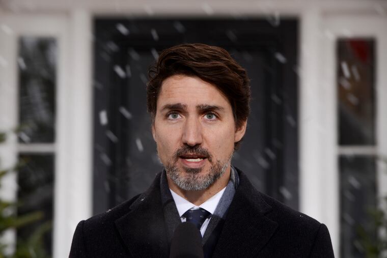 Canadian Prime Minister Justin Trudeau addresses Canadians on the COVID-19 pandemic from Rideau Cottage in Ottawa, Ontario, on Thursday, April 9, 2020. (Sean Kilpatrick/The Canadian Press via AP)