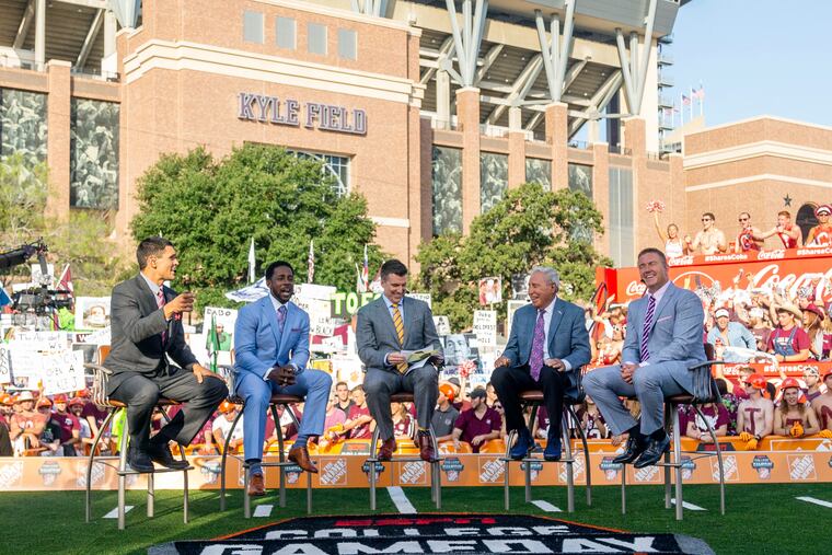 The ESPN "College Game Day" crew sits on set in front of Kyle Field in College Station, Texas, before a 2018 NCAA college football game between Clemson and Texas A&M.