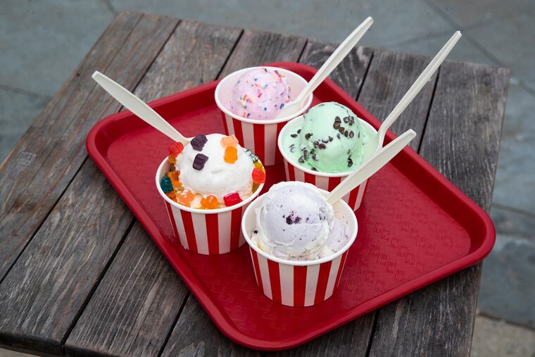 A selection of ice cream from Sundae Best in Avalon, N.J., on June 20, 2021. Clockwise from top: cotton candy, mint chocolate chip, blueberry buttermilk, and vanilla with gummy bears.