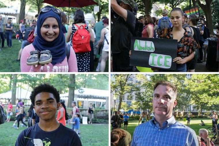 Clockwise from top left: Nadia Mozaffar, Cayla Barry, Savion Wilson and Patrick Doran joined hundreds of Philadelphians to protest the Trump administrations family separation immigration policy.