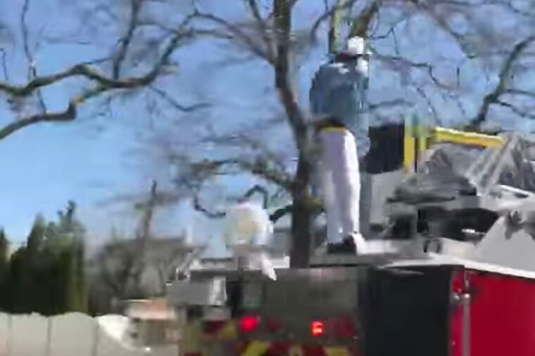 Screenshot of the video of the Margate Easter Bunny losing his head while on a ride through town during a gusty evening.