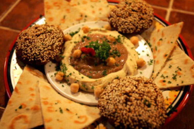 Owner-chef Tarek AlBasti and his lamb stew at Aya's Cafe. Below, an appetizer tasting platter.