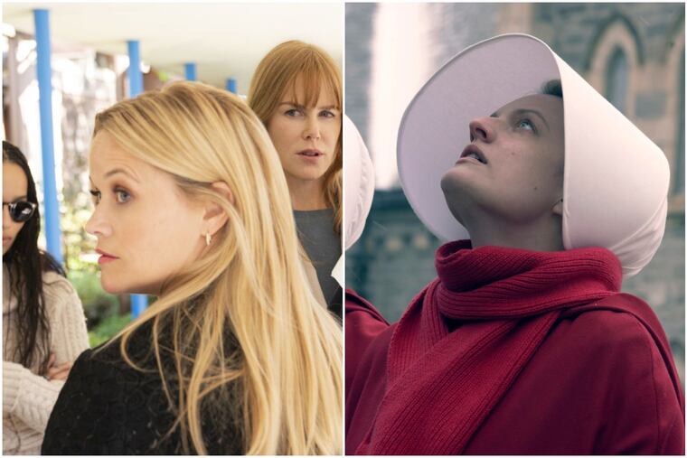 Reese Witherspoon in "Big Little Lies," left, and Elisabeth Moss in "The Handmaid's Tale." (Jennifer Clasen/HBO, left; Elly Dassas/Hulu