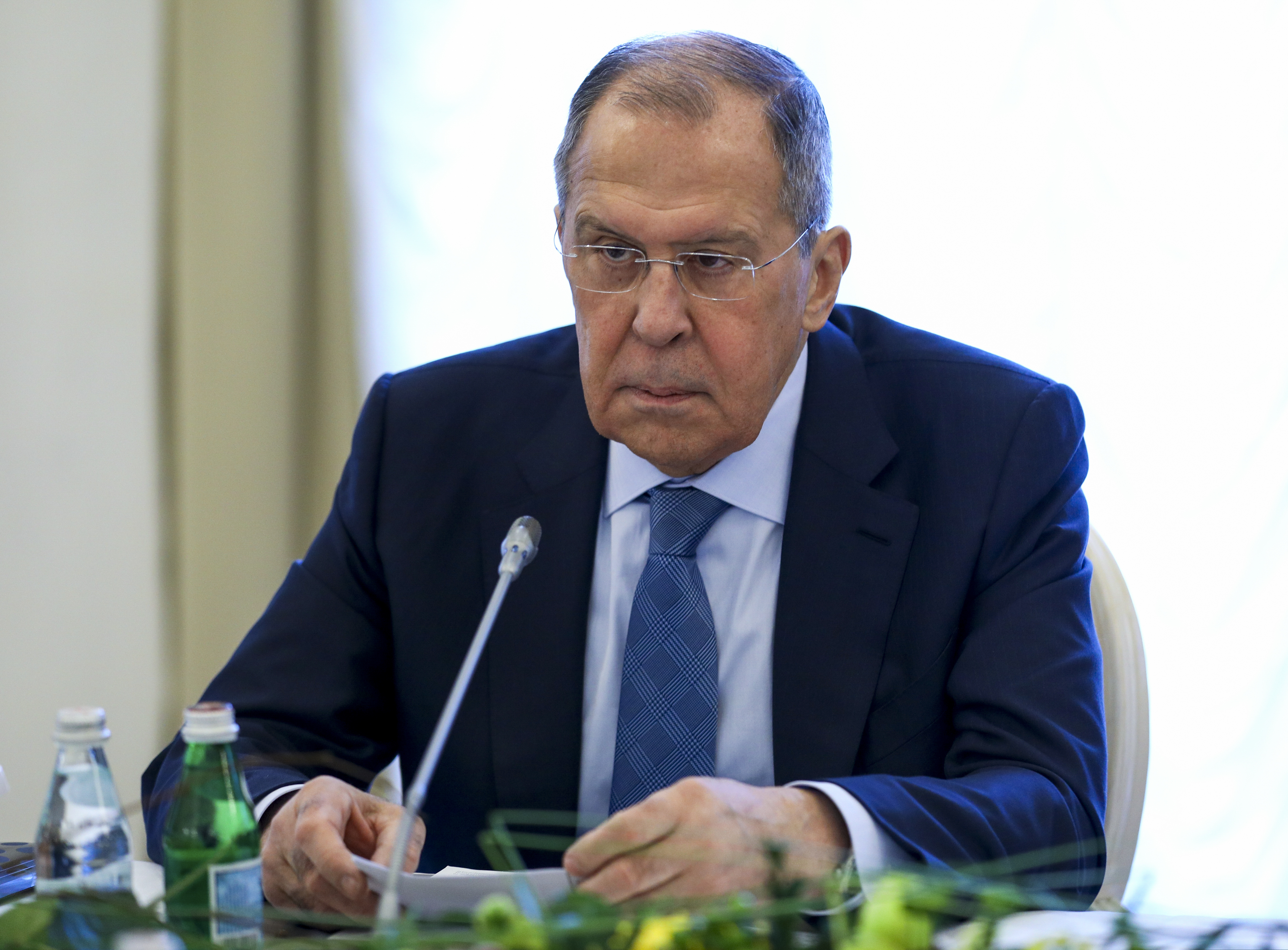 This photo released by Russian Foreign Ministry Press Service shows Russian Foreign Minister Sergey Lavrov speaking on Feb. 15.