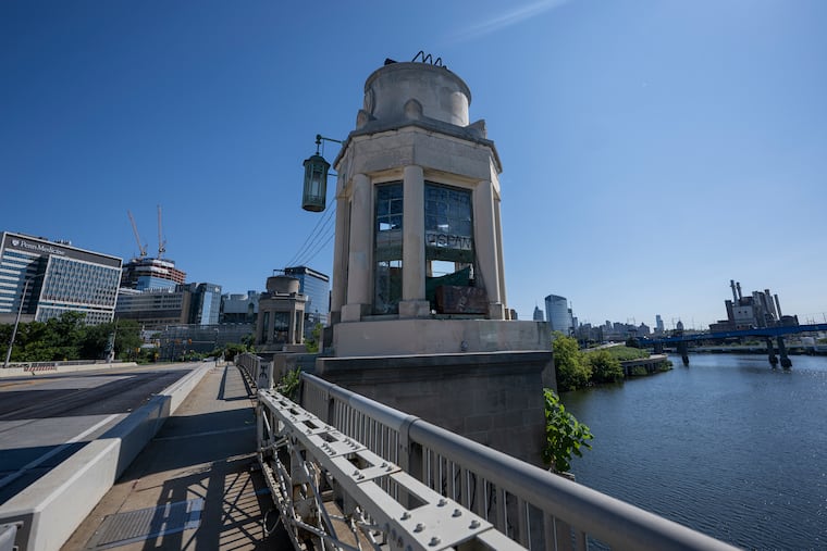 Broken windows and vandalism are visible inside the operator house at the University Avenue Bridge, as seen from the Grays Ferry Avenue side, in Philadelphia on Thursday, July 23, 2026. A Change.org petition calling for the bridge to be secured to prevent further vandalism had collected hundreds of signatures as of Wednesday.