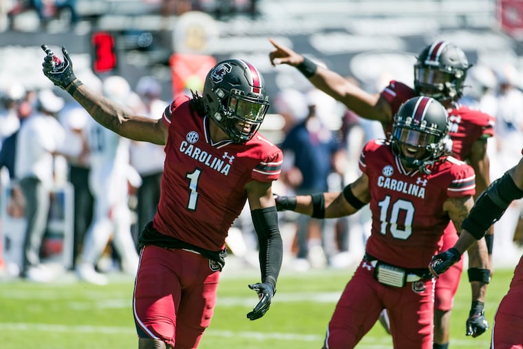 South Carolina defensive back Jaycee Horn (1) celebrates an interception against Auburn.