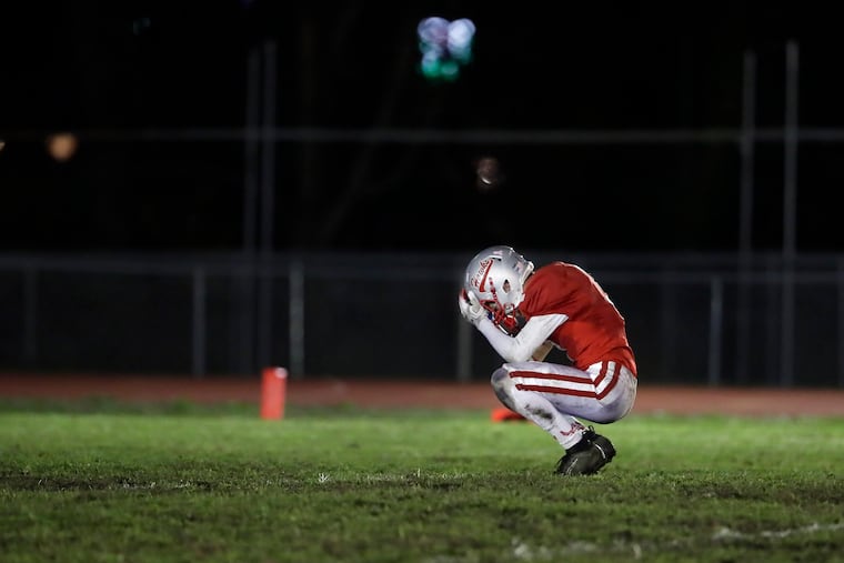 Haddon Township's Ty Fullerton shows how he and his team felt after missed opportunities resulted in an 8-2 loss to Robbinsville.