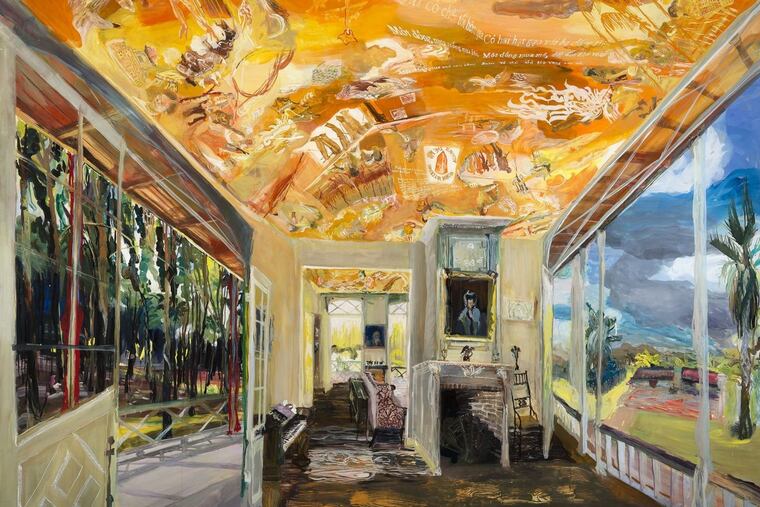 Detail from Jane Irish’s painting “Plantation” (2017), at Locks Gallery.