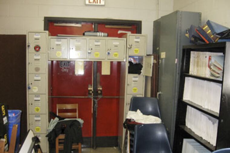A blocked - and locked - emergency exit door at Frankford High School.