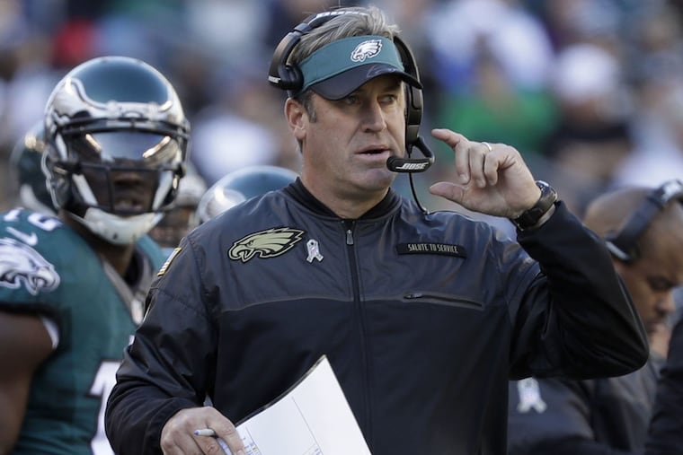 Eagles' head coach Doug Pederson watches his team in the red zone during the second-quarter against the Atlanta Falcons on Sunday, November 13, 2016 in Philadelphia. YONG KIM / Staff Photographer