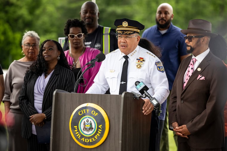 Philadelphia Police Commissioner Kevin J. Bethel speaks at a May news conference in advance of the Roots Picnic at Belmont Plateau.