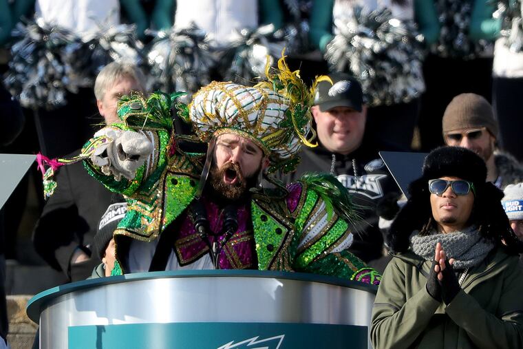 Eagles’ Jason Kelce yells during his speech at the Eagles Super Bowl Champions celebration at the Art Museum in Philadelphia on February 8, 2018.