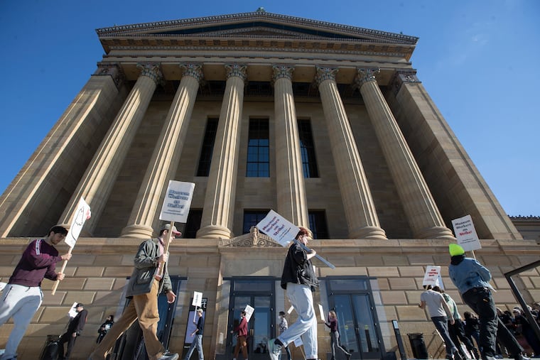 Philadelphia Museum of Art (PMA) workers are on the 13th day of their strike for a labor contract that provides fair and equitable wages and affordable health care. They picket on the west side of the museum on Oct. 7, 2022.