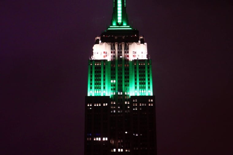 The Empire State Building lit up in green to commemorate the Philadelphia Eagles' NFC Championship win. The move left some New Yorkers angry, but it's actually an annual tradition.