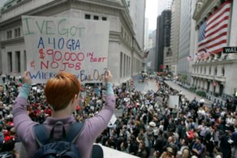 In a rally on Wall Street protesting a bailout , Dara Blumenthal holds high a sign that tells her story and her feelings toward the $700 billion rescue plan. Yesterday's optimism that a deal would be reached was fading as lawmakers in Washington met into the night.