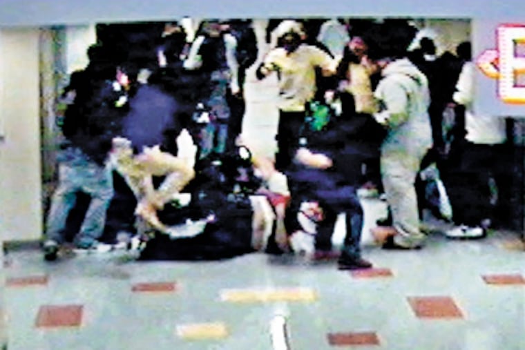 Surveillance video from Audenried High School in South Philadelphia captured this attack on a student in a little-used wing of the school on Jan. 22, 2010. In a separate attack, student Teshada Herring was beaten inside a classroom that same day.