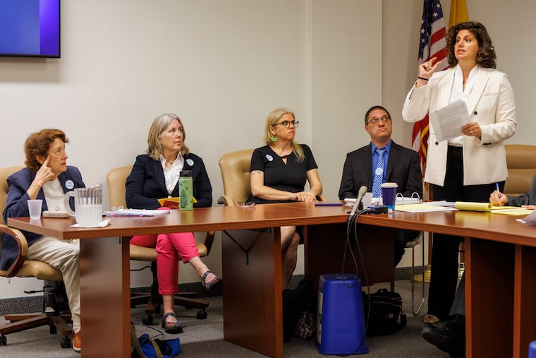 At right is Yael Bromberg attorney for Progressive Party. Camden County Superior Court Judge, Michael J. Kassel (not shown) ruled today on arguments regarding recent election results, Camden County Superior Court, Hall of Justice, Camden, Friday, July 11, 2025. From left are progressive party election winners, Rena Margulis, Susan Druckenbrod, Head of South Jersey Progressive Democrats , Kate Delany, and candidate David Stahl.