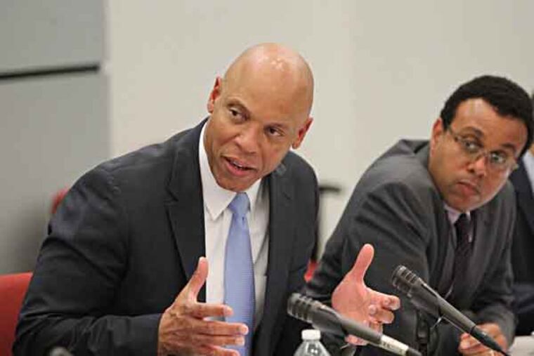 Here, Superintendent William Hite (left) is seen in a file photo presiding over a School Reform Commission meeting. State Auditor General Eugene DePasquale (not pictured) said his office will audit the school district after a Daily News report that said the school district made key hires without following state Sunshine Act rules. (CHARLES FOX / Staff Photographer / File)
