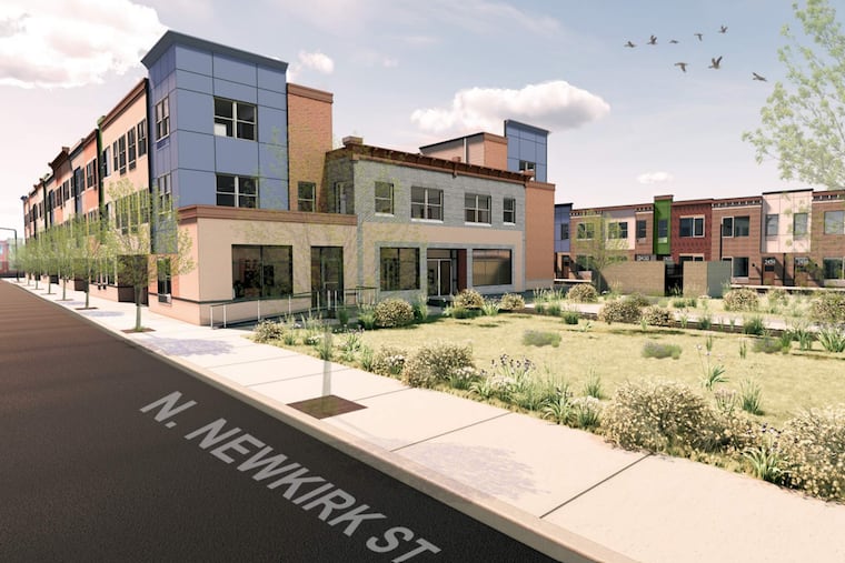 A rendering of the project, with the apartment building on the left and the rental townhomes on the right.