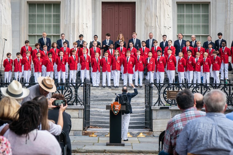 The Philadelphia Boys Choir sings at the Second Bank of the United States during an event to mark the 300th anniversary of Ben Franklin's arrival in Philadelphia.