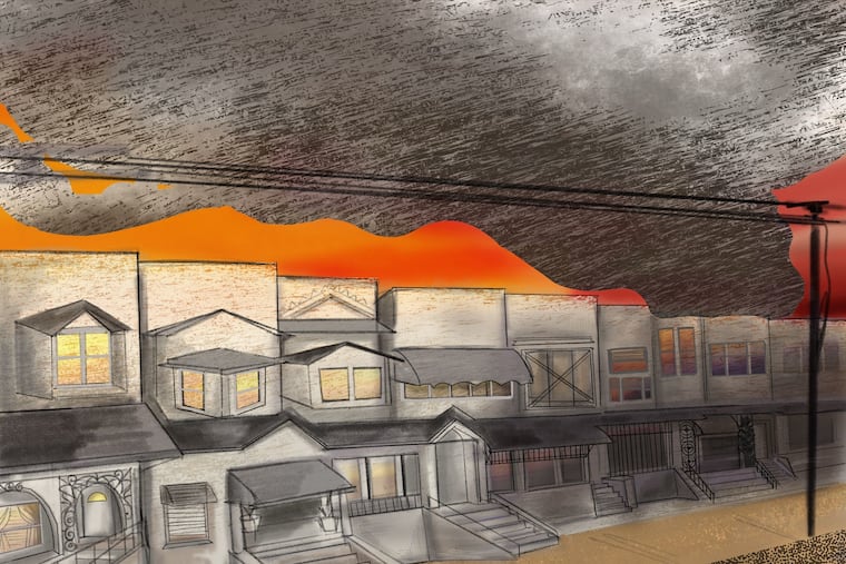 Illustration of the fire that city officials let burn after the bombing of the MOVE rowhouse on Osage Avenue in West Philadelphia on May 13, 1985