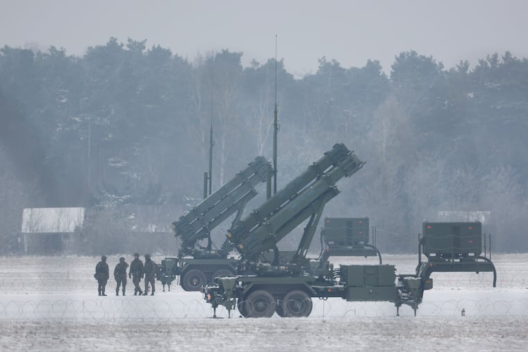 Patriot missile launchers acquired from the United States last year are deployed in Warsaw, Poland, on Feb. 6, 2023.