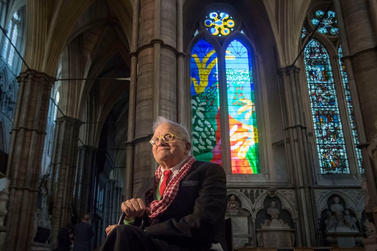 British artist David Hockney sits in front of The Queen's Window, a new stained glass window at Westminster Abbey, London, designed by Hockney on Sept. 26, 2018.