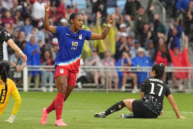 Crystal Dunn celebrates after scoring a goal for the U.S. women's soccer team in 2024.