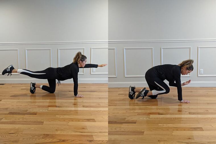 Ashley Greenblatt demonstrates a bird dog warm-up exercise.