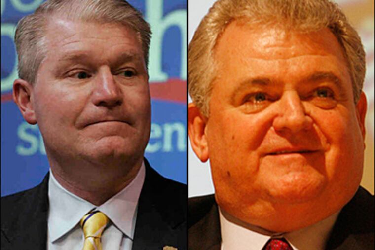 City union leader John J. "Johnny Doc" Dougherty (left) was set to meet with U.S. Rep. Bob Brady to work out a dispute over the use of non-union labor at the Family Court building under construction in Philadelphia.