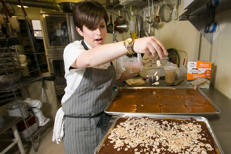 Tova du Plessis, owner of Essen Bakery, will sell chocolate-and-toffee-coated matzo studded with toasted almonds in kits for Passover.