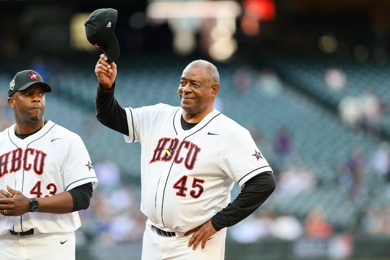 Former Major League Baseball player Ken Griffey Sr. (45) waves his cap to the crowd during introductions for the HBCU Swingman Classic baseball game during All-Star Week, Friday, July 7, 2023, in Seattle. (AP Photo/Caean Couto)