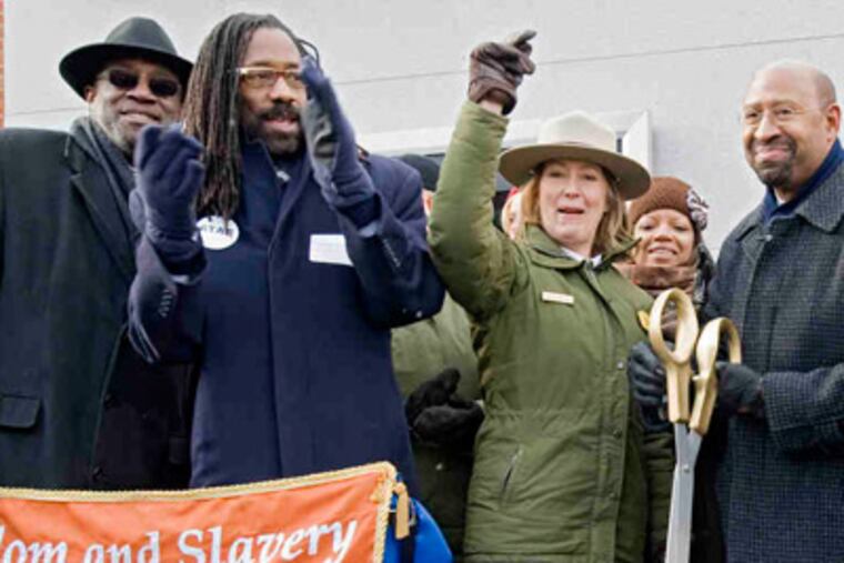 The President's House, at 6th and Market streets, was dedicated yesterday at a ceremony attended by Municipal Judge Charles Hayden, attorney Michael Coard, Independence National Historical Park's Cynthia MacLeod and Mayor Nutter. (CLEM MURRAY / Staff photographer)