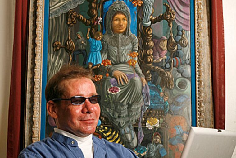 Sean Toner, 42, is the son of the late artist Thomas N. Toner. Sean, a writer, is shown with one of his father's paintings, "The Princess." (Charles Fox / Inquirer)