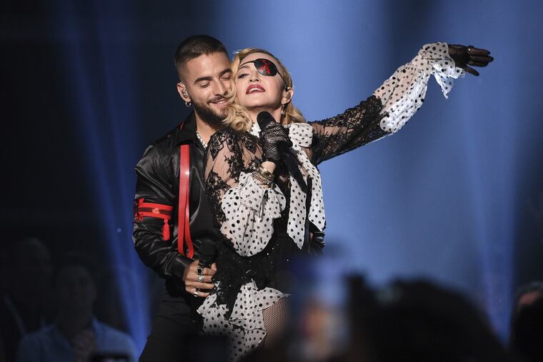 Maluma, left, and Madonna perform "Medellin" at the Billboard Music Awards on Wednesday, May 1, 2019, at the MGM Grand Garden Arena in Las Vegas.