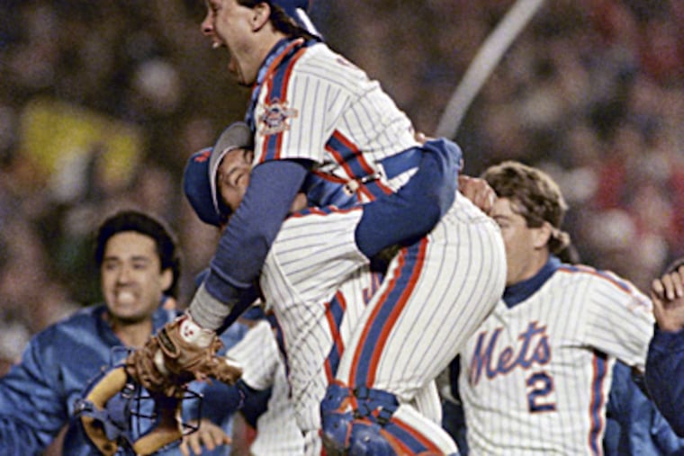Gary Carter leapt into the arms of Mets closer Jesse Orosco after New York beat Boston in the 1986 World Series. (Associated Press, file)