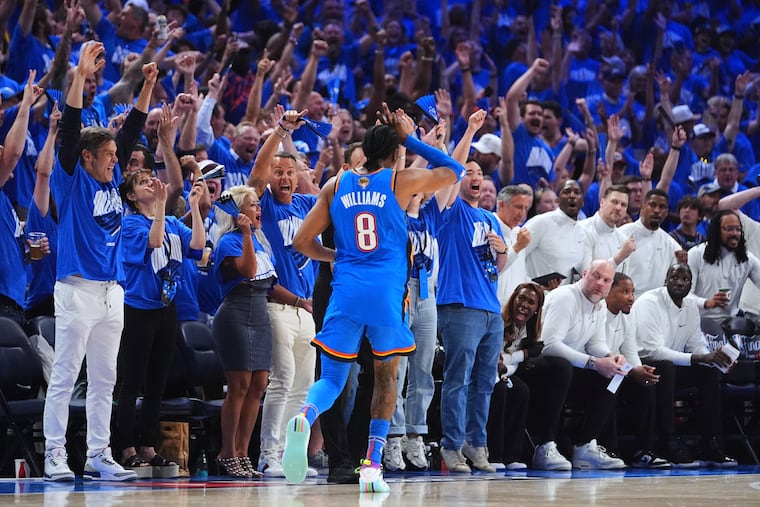 Oklahoma City Thunder forward Jalen Williams (8) reacts after making a 3-pointer during the second half of Game 7 of the NBA Finals basketball series against the Indiana Pacers Sunday, June 22, 2025, in Oklahoma City. (AP Photo/Julio Cortez)