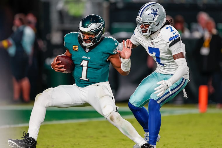 Eagles quarterback Jalen Hurts escapes Cowboys cornerback Trevon Diggs in the first 2025 edition of the NFC East rivalry in Week 1.