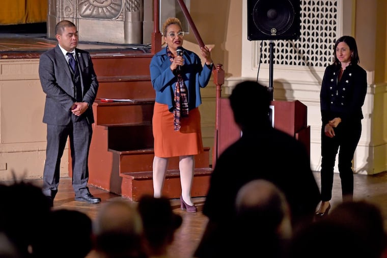 Philadelphia Commission on Human Relations Deputy Directors Randy Duque (left) and Pamela Gwaltney (center) are joined by Executive Director Rue Landau at a followup public forum about racism in the Gayborhood.