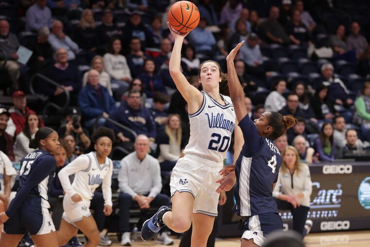 Maddy Siegrist of Villanova scores 2 of her 27 points over Nila Blackford of Xavier during the 2nd half on Jan. 17, 2023 at the Finneran Pavilion at Villanova University. Siegrist needs 18 points to break the school scoring record.