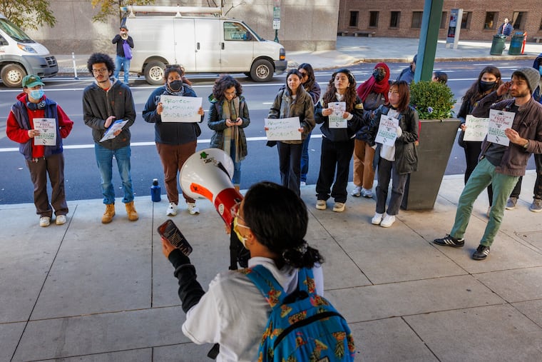 Gigi Varlotta speaks to group protesting for a free Palestine before a meeting of the University of Pennsylvania's board of trustees in November. The Israel-Hamas war has roiled Penn and other campuses.