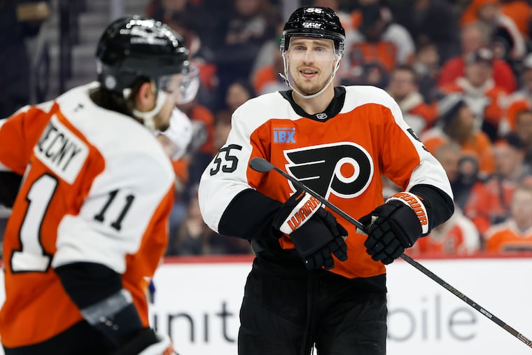 Flyers defenseman Rasmus Ristolainen (right) during a game in January. He returned to action Tuesday after recovering from his third elbow surgery.